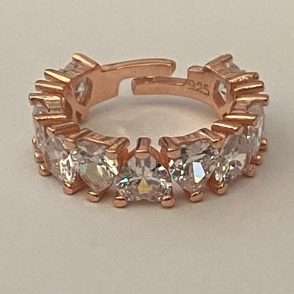 925 Silver heart ring 6-6.50 size adjustable band cz stones 14k rose gold plated